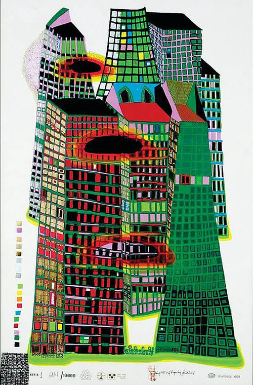Hundertwasser - Good Morning City - Bleeding Town - series JJ - 1969 color screenprint
